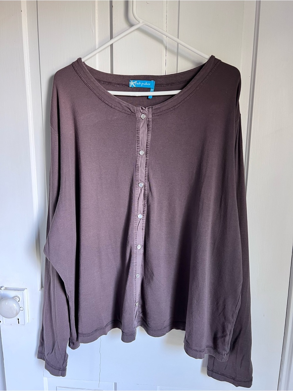 fresh produce Women’s Long Sleeve Button-Front Top in brown size 2XL